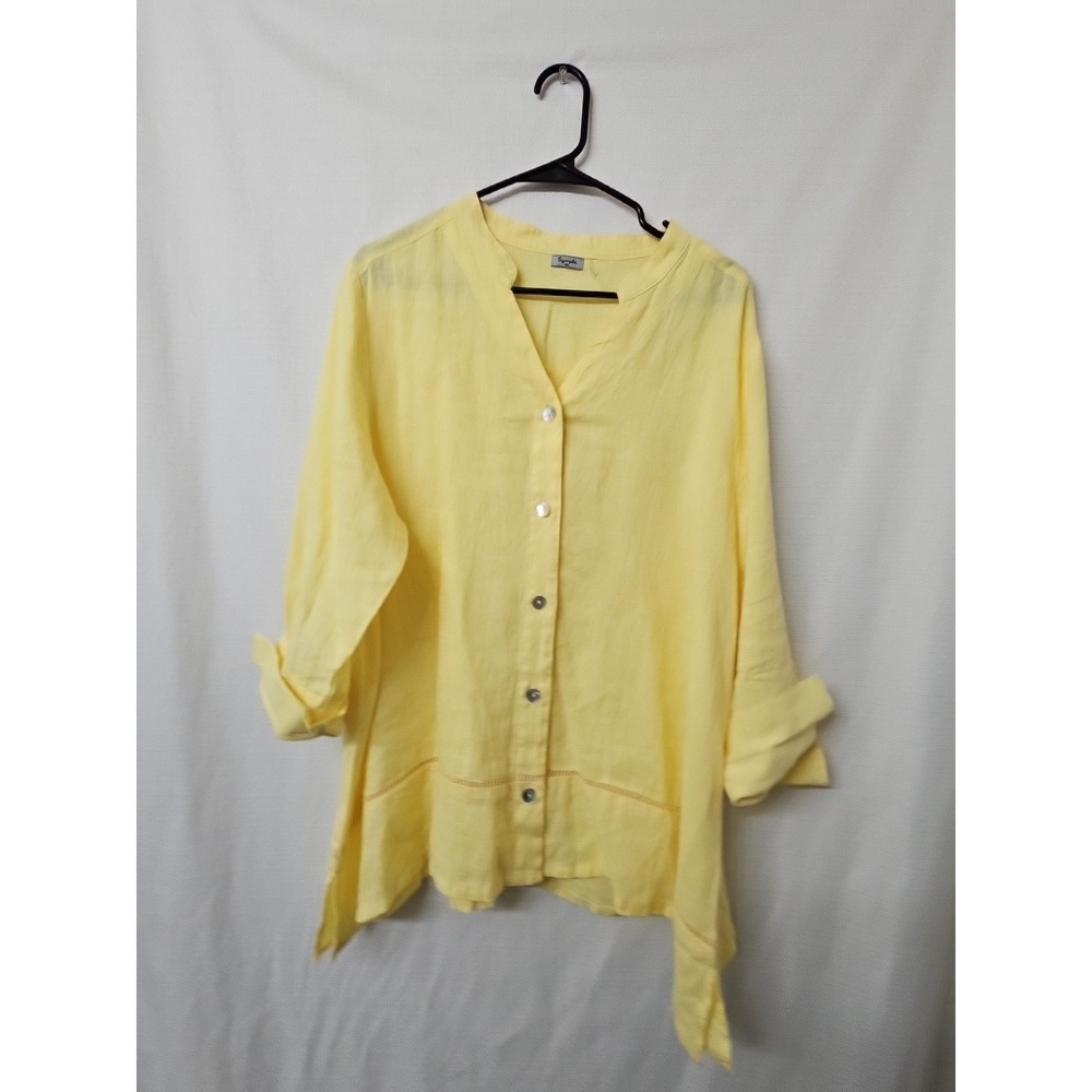 Symple NYC Womens  100% Linen Button Up Top Lagen Tunic Blouse Yellow Sz XL